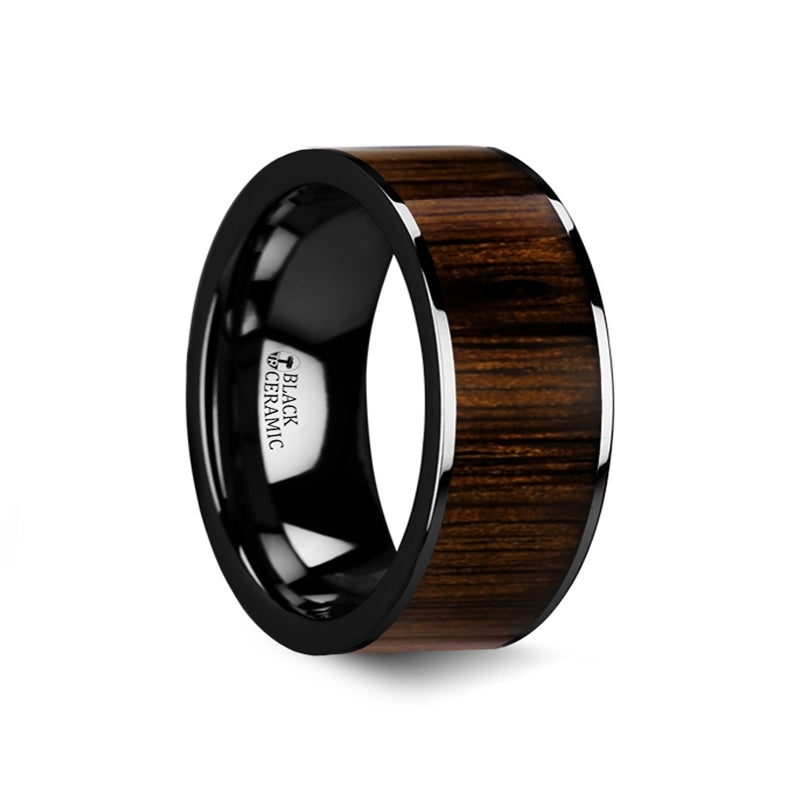 Black Ceramic Men's Wedding Band with Black Walnut Wood Inlay