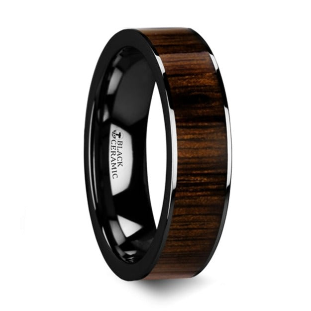 Black Ceramic Men's Wedding Band with Black Walnut Wood Inlay