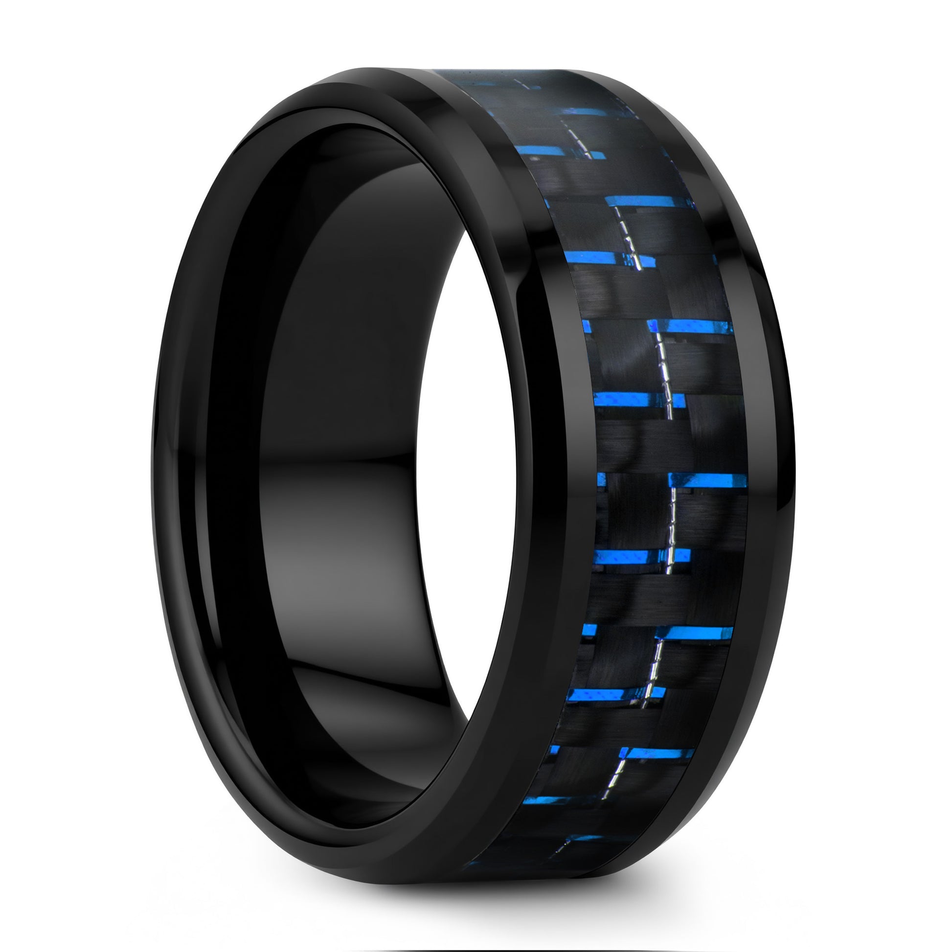 Black Ceramic Men's Wedding Band with Blue & Black Carbon Fiber Inlay