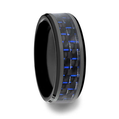 Black Ceramic Men's Wedding Band with Blue & Black Carbon Fiber Inlay