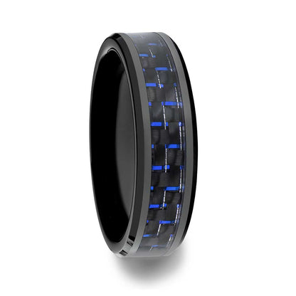 Black Ceramic Men's Wedding Band with Blue & Black Carbon Fiber Inlay