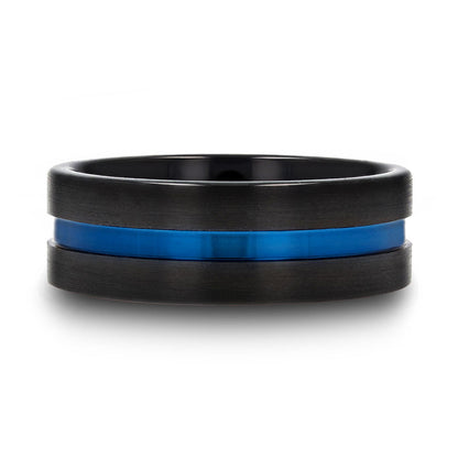 Black Ceramic Men's Wedding Band with Blue Groove