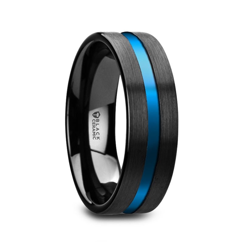 Black Ceramic Men's Wedding Band with Blue Groove