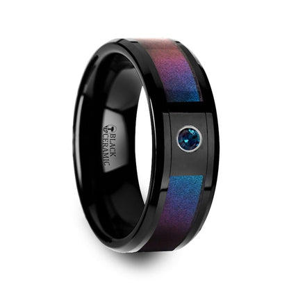 Black Ceramic Men's Wedding Band with Blue & Purple Color Changing Inlay and Alexandrite