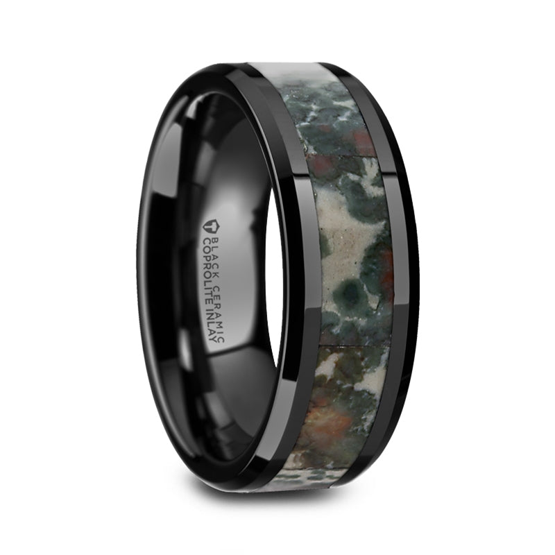 Black Ceramic Men's Wedding Band with Coprolite Fossil Inlay