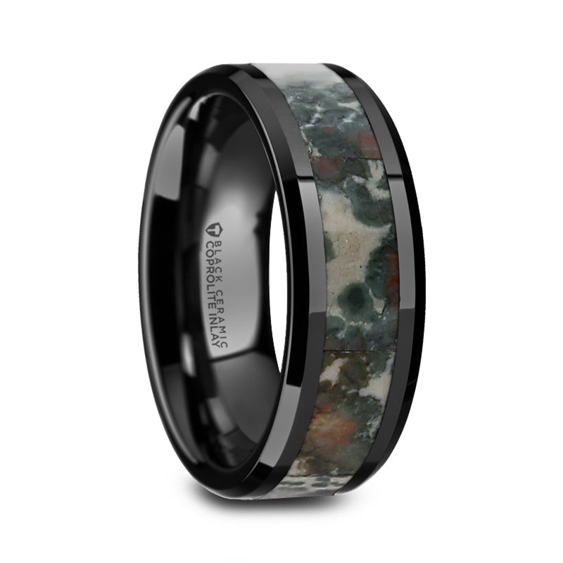 Black Ceramic Men's Ring with Coprolite Fossil
