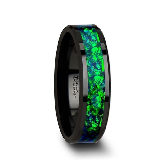 Black Ceramic Men's Wedding Band with Green & Blue Opal Inlay
