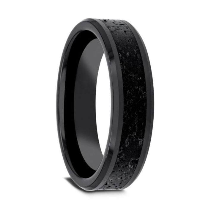 Black Ceramic Men's Wedding Band with Lava Rock Inlay
