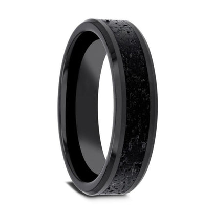 Black Ceramic Men's Wedding Band with Lava Rock Inlay