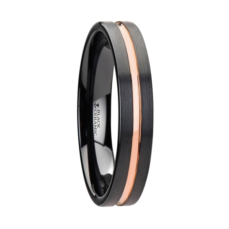 Black Ceramic Men's Wedding Band With Rose Gold Groove