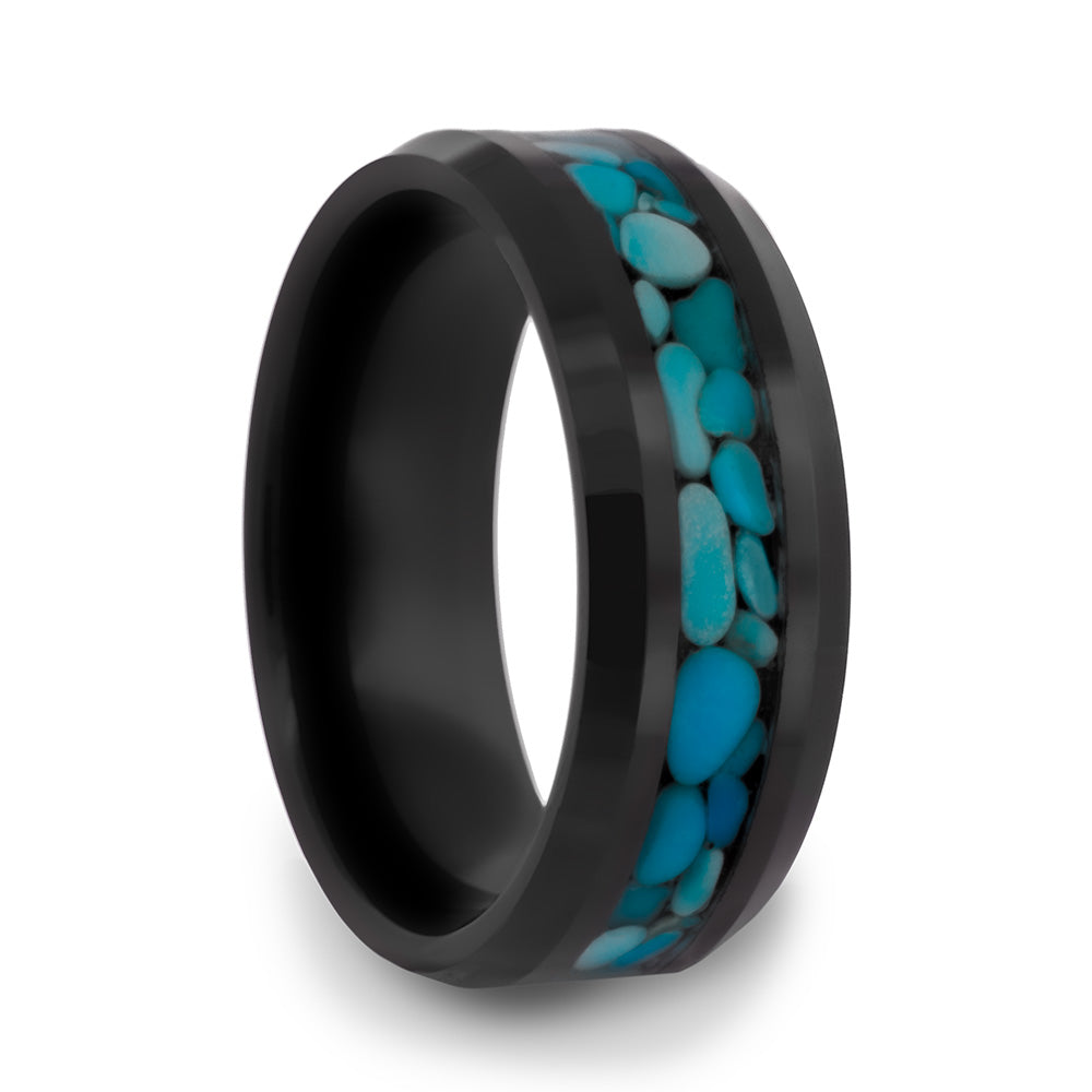 Black Ceramic Men's Wedding Band with Turquoise Pebbles Inlay