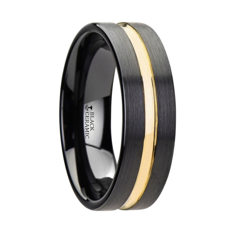 Black Ceramic Men's Wedding Band With Yellow Gold Groove