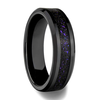 Black Ceramic Couple's Matching Wedding Band Set with Purple Galaxy Goldstone Inlay