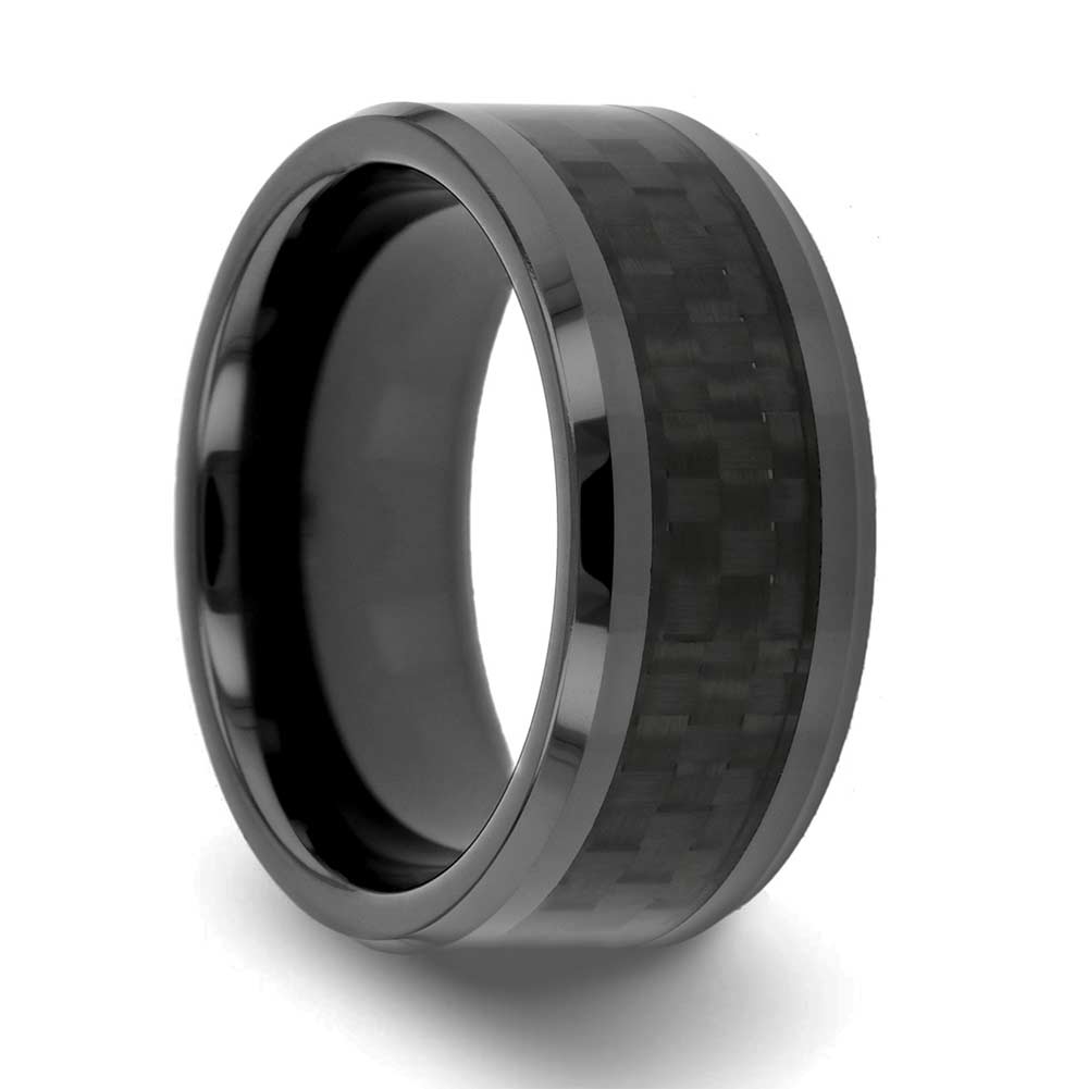 Black Ceramic Wedding Band with Black Carbon Fiber Inlay