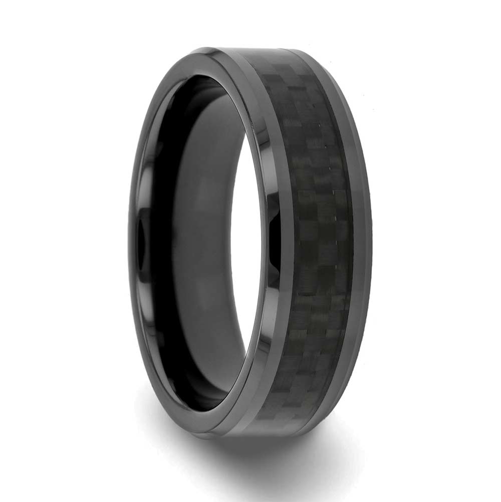 Black Ceramic Wedding Band with Black Carbon Fiber Inlay