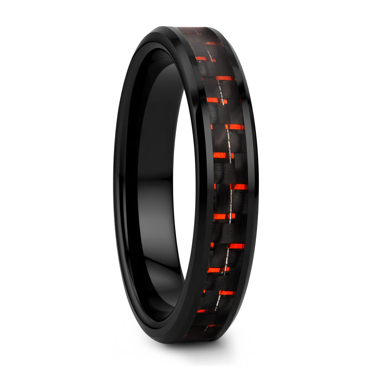 Black Ceramic Men's Wedding Band with Black & Red Carbon Fiber Inlay