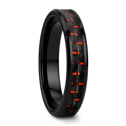 Black Ceramic Men's Wedding Band with Black & Red Carbon Fiber Inlay