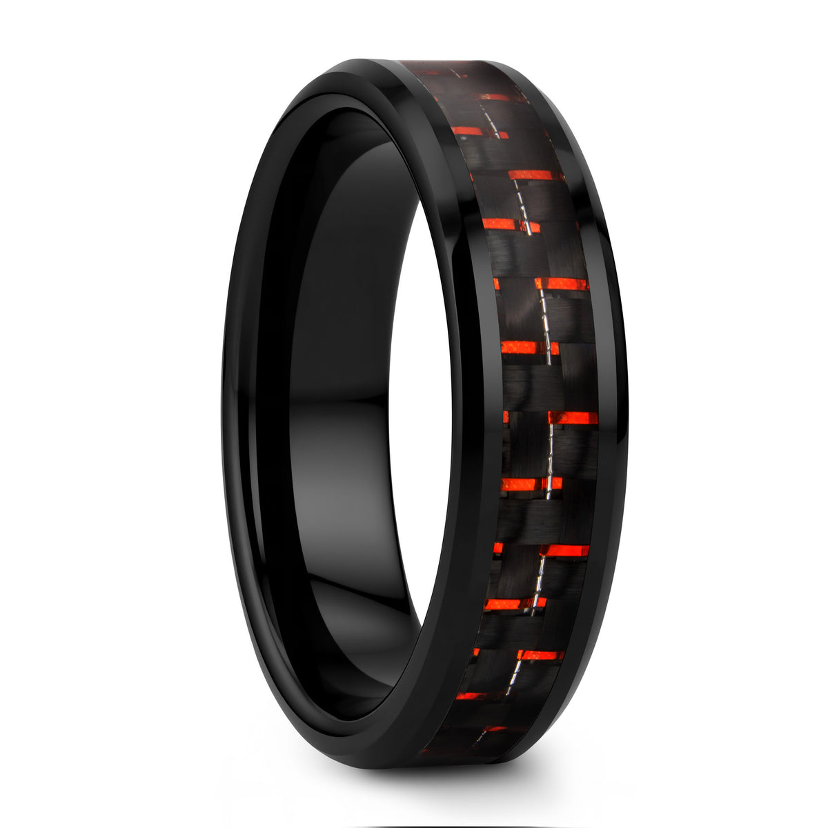 Black Ceramic Men's Wedding Band with Black & Red Carbon Fiber Inlay