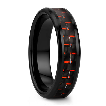 Black Ceramic Men's Wedding Band with Black & Red Carbon Fiber Inlay