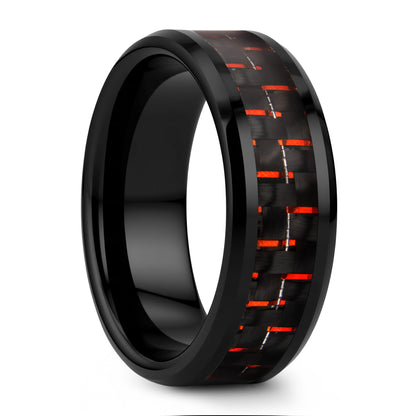 Black Ceramic Men's Wedding Band with Black & Red Carbon Fiber Inlay