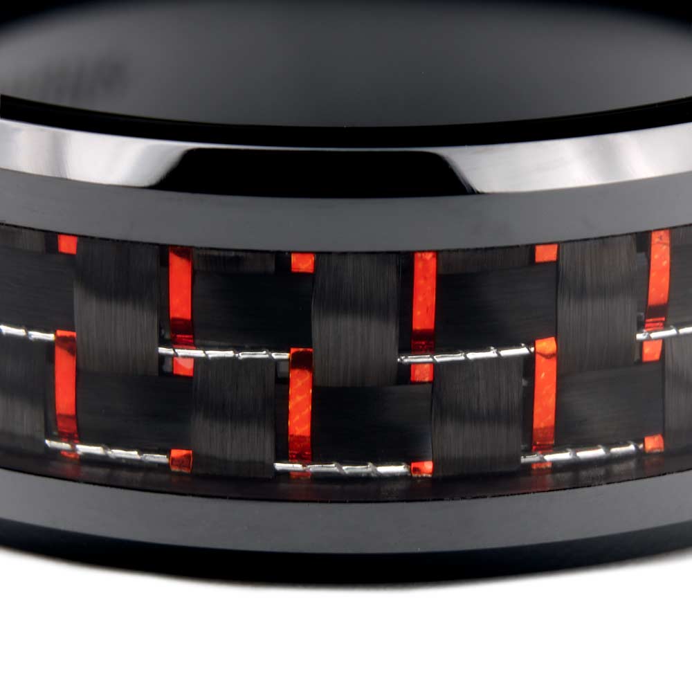 Black Ceramic Men's Wedding Band with Black & Red Carbon Fiber Inlay