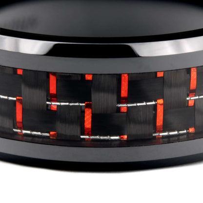 Black Ceramic Men's Wedding Band with Black & Red Carbon Fiber Inlay