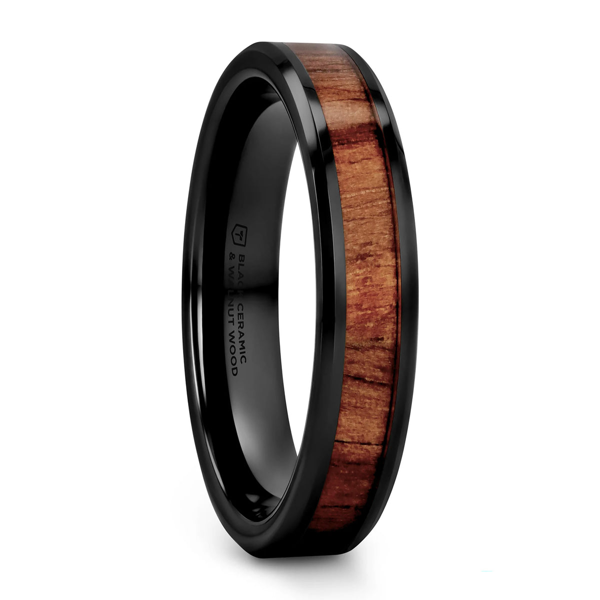 Black Ceramic Wedding Band with Black Walnut Wood Inlay