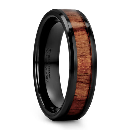 Black Ceramic Wedding Band with Black Walnut Wood Inlay