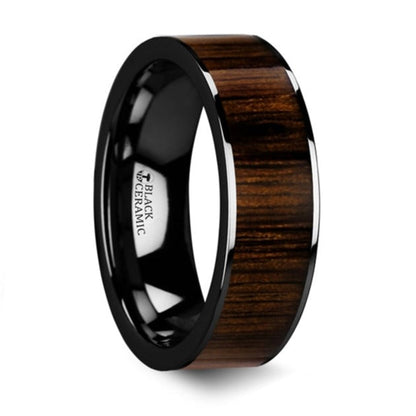 Black Ceramic Men's Wedding Band with Black Walnut Wood Inlay