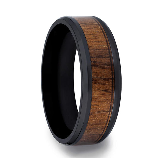 Black Ceramic Wedding Band with Black Walnut Wood Inlay