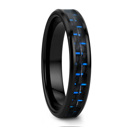 Black Ceramic Men's Wedding Band with Blue & Black Carbon Fiber Inlay