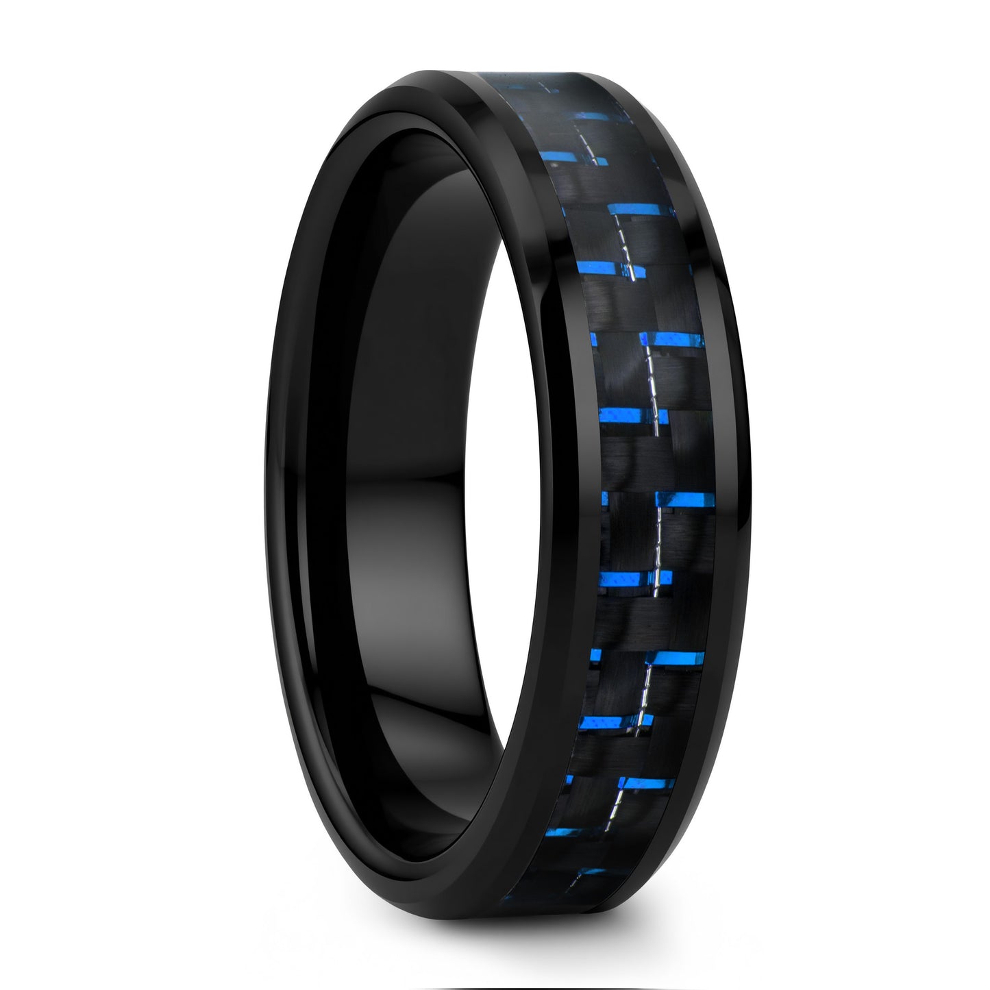 Black Ceramic Men's Wedding Band with Blue & Black Carbon Fiber Inlay