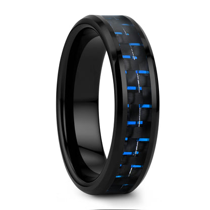 Black Ceramic Men's Wedding Band with Blue & Black Carbon Fiber Inlay