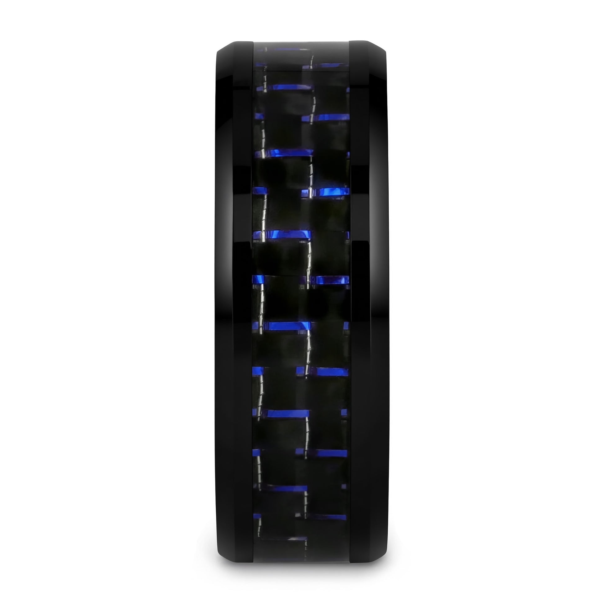 Black Ceramic Men's Wedding Band with Blue & Black Carbon Fiber Inlay