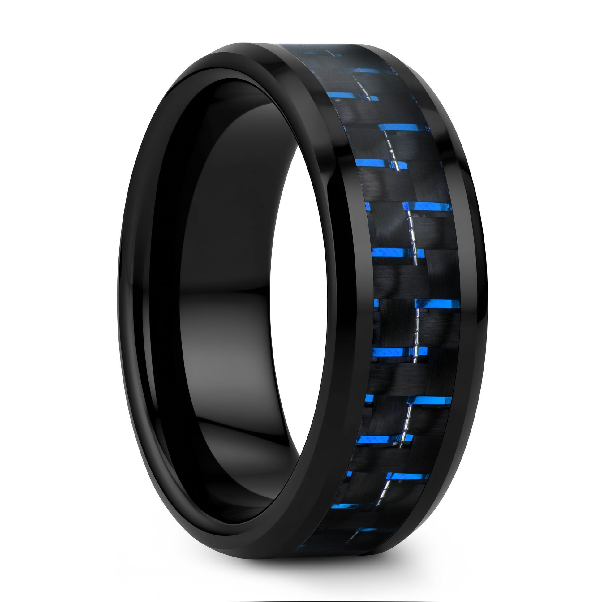 Black Ceramic Men's Wedding Band with Blue & Black Carbon Fiber Inlay