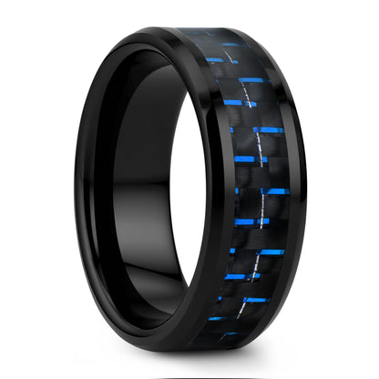 Black Ceramic Men's Wedding Band with Blue & Black Carbon Fiber Inlay
