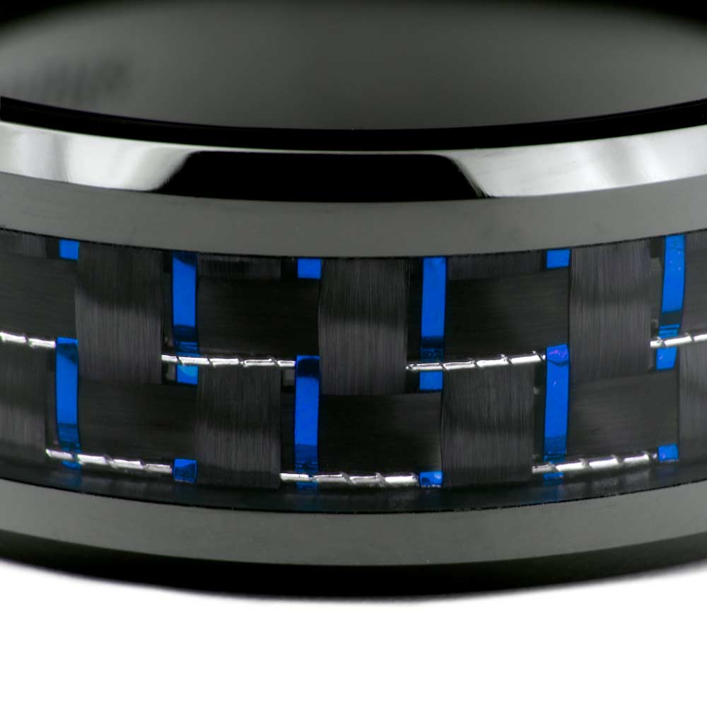 Black Ceramic Men's Wedding Band with Blue & Black Carbon Fiber Inlay