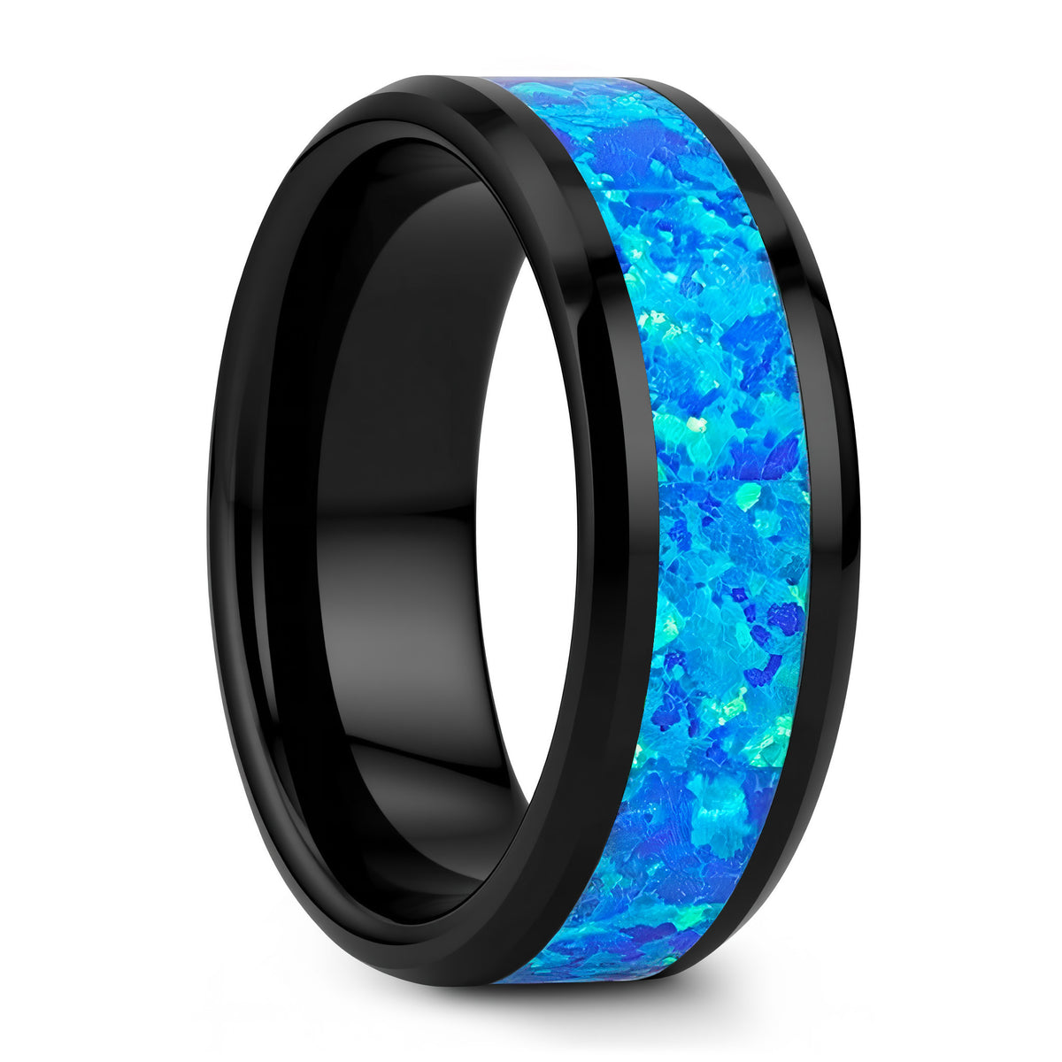 Black Ceramic Wedding Band with Blue & Green Opal Inlay