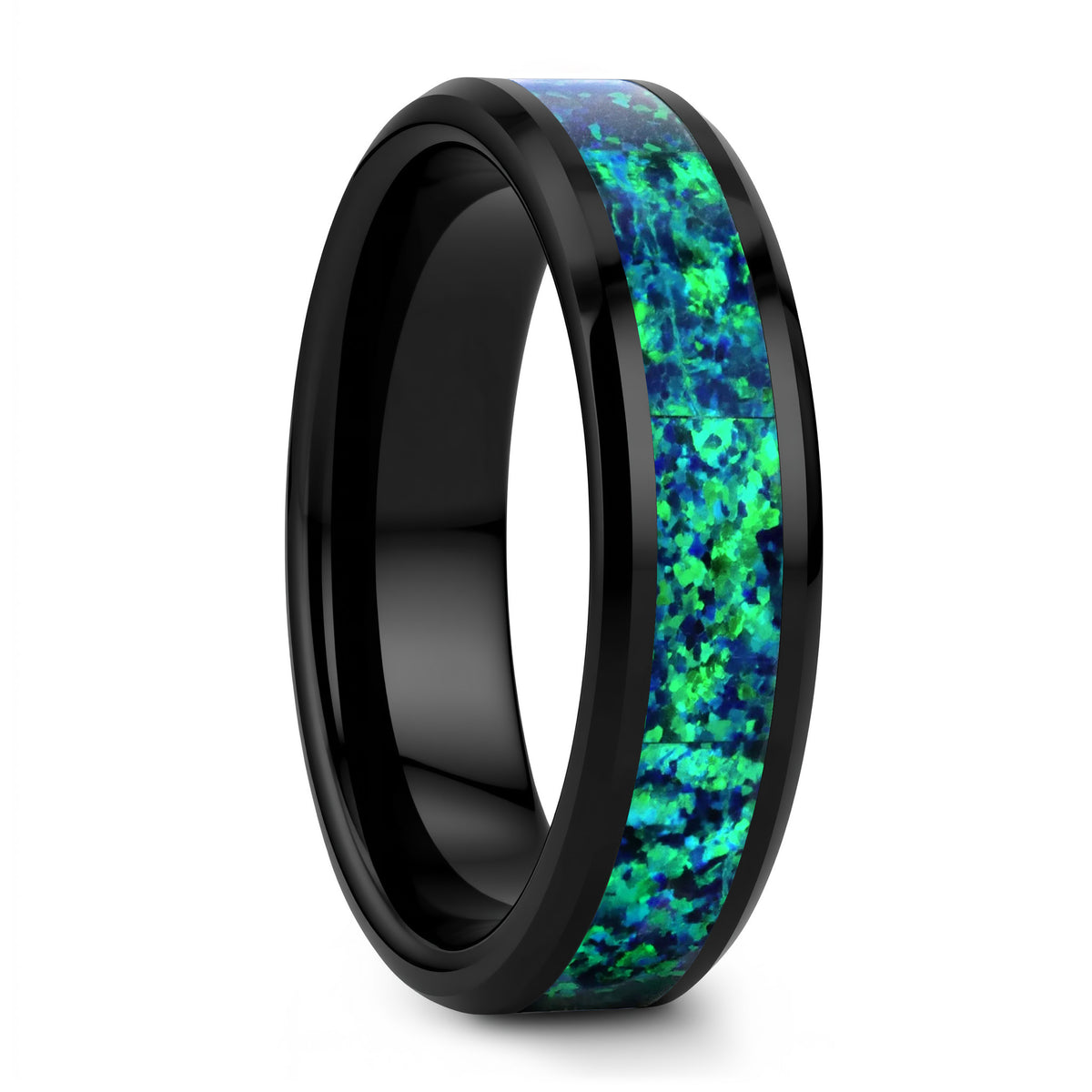 Black Ceramic Wedding Band with Green & Blue Opal Inlay