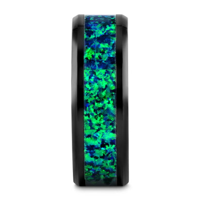 Black Ceramic Wedding Band with Green & Blue Opal Inlay