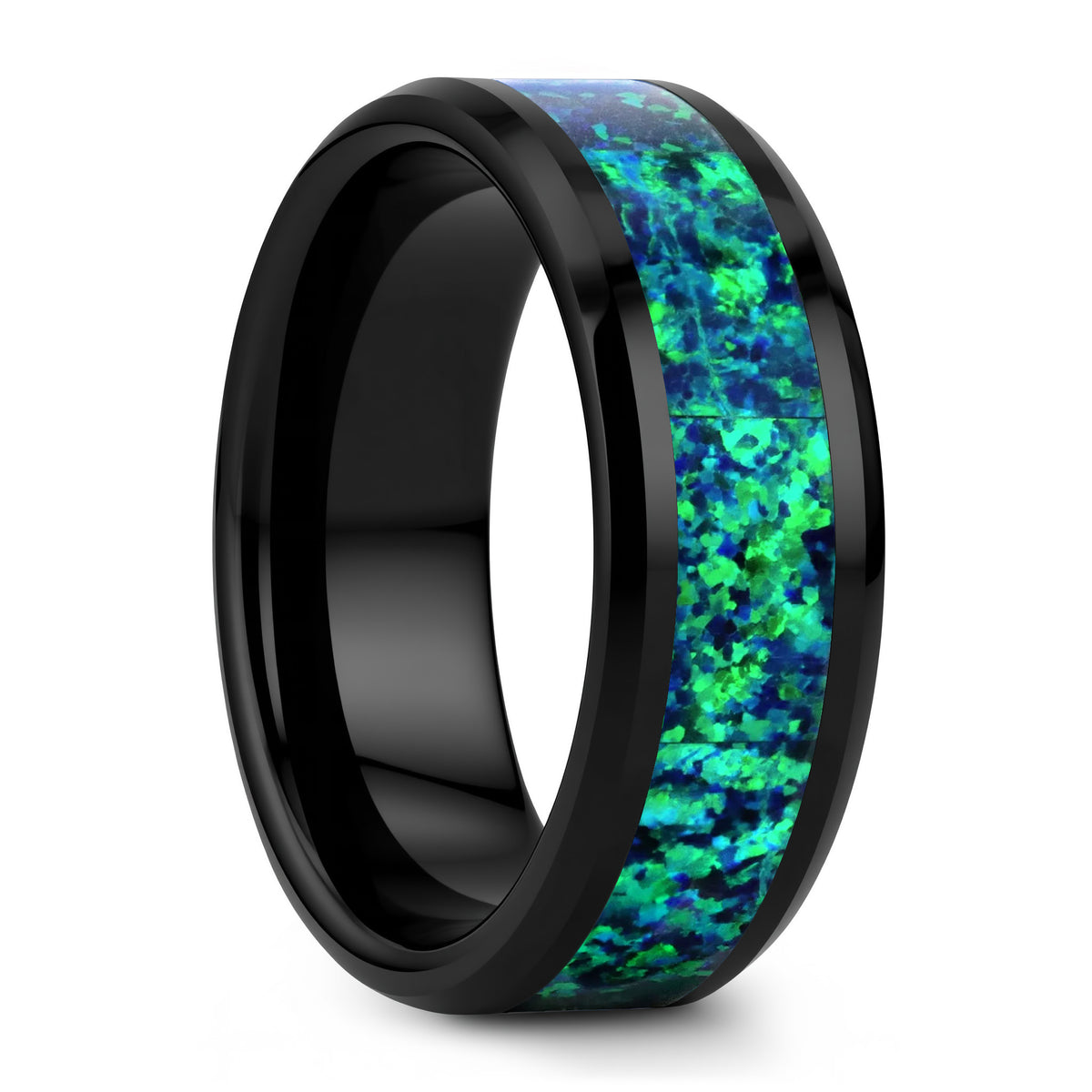 Black Ceramic Wedding Band with Green & Blue Opal Inlay