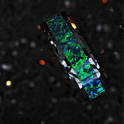 Black Ceramic Wedding Band with Green & Blue Opal Inlay