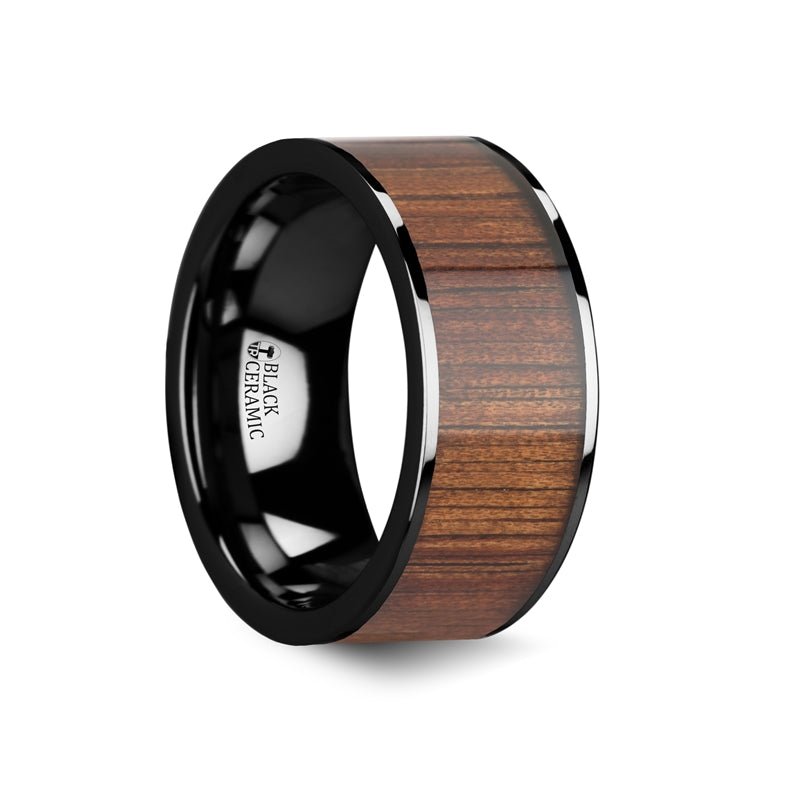 Black Ceramic Wedding Band with Koa Wood Inlay