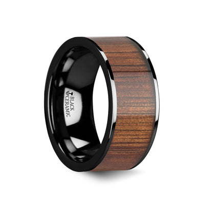 Black Ceramic Wedding Band with Koa Wood Inlay