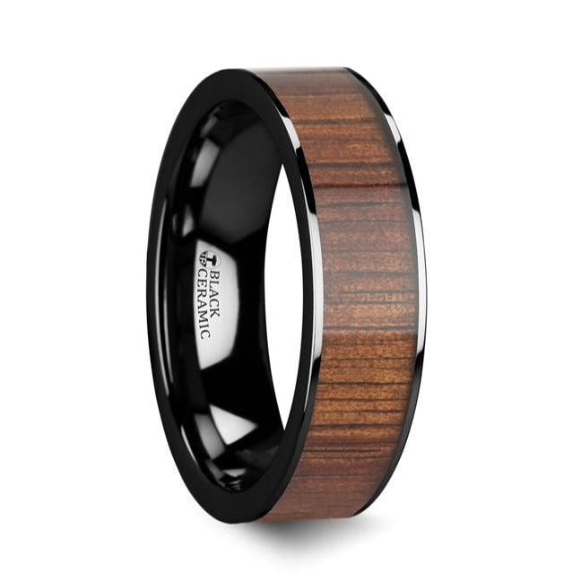 Black Ceramic Wedding Band with Koa Wood Inlay