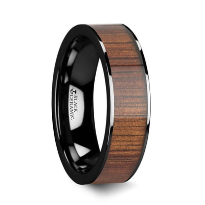 Black Ceramic Wedding Band with Koa Wood Inlay