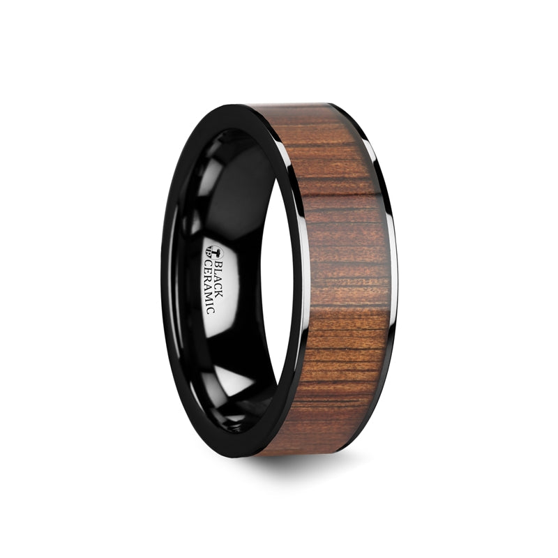 Black Ceramic Wedding Band with Koa Wood Inlay