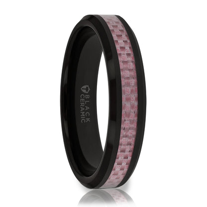 Black Ceramic Wedding Band with Pink Carbon Fiber Inlay