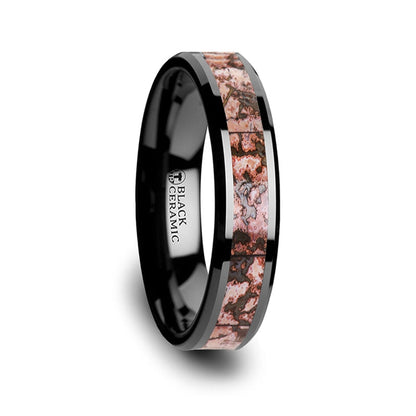Black Ceramic Men's Wedding Band with Pink Dinosaur Bone Inlay