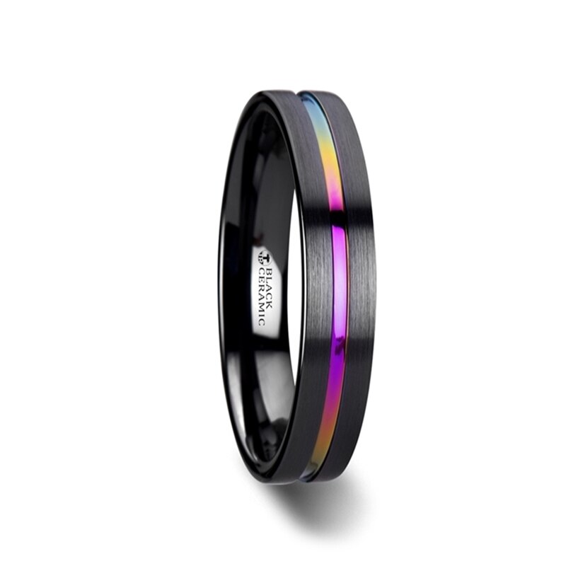 Black Ceramic Wedding Band with Rainbow Groove
